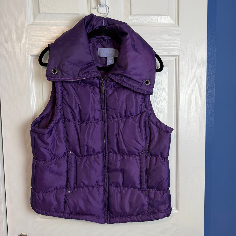 Laura Scott Women's XL Purple Puffer Vest Zip Front Oversized Collar